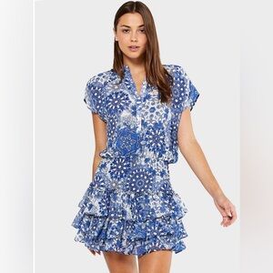 MISA Eloisa Blue White Tile Floral Print Smocked Ruffled Mini Dress Size XS